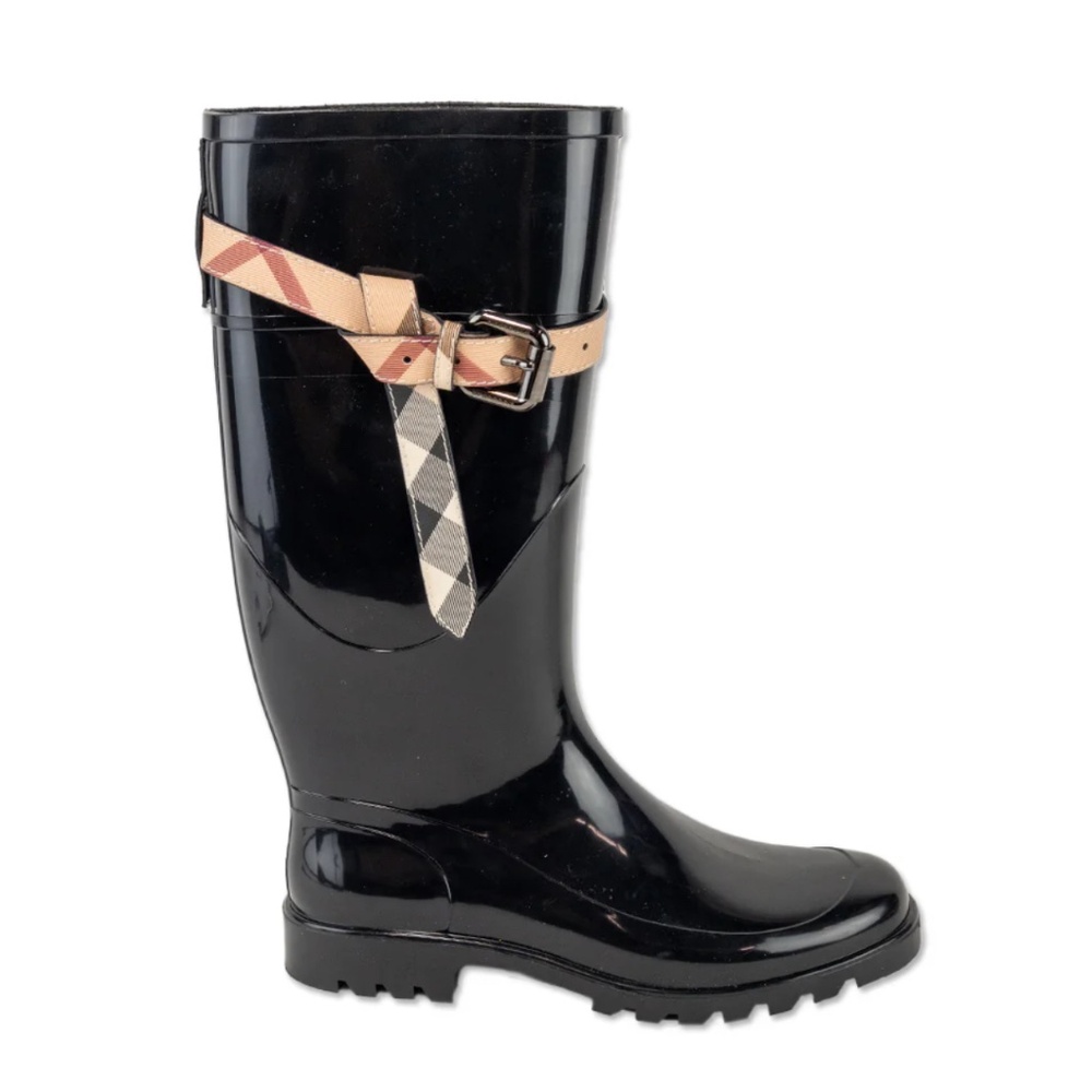 Burberry Black Rain Boots with Tan and Red Accents